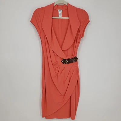 Cache Coral Faux Wrap Dress M Fitted Bodycon Drape Neck Cap Sleeve Buckle Accent - Image 1 of 4