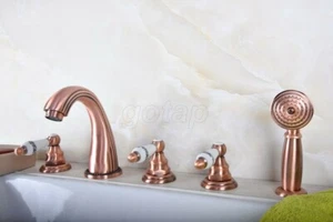 Antique Copper Deck-Mount Bath Tub Faucet Hand Held Spray Shower Mixer Tap  - Picture 1 of 9