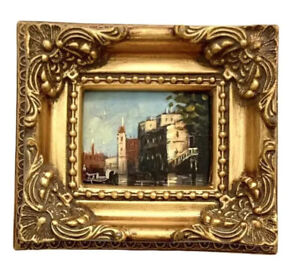 Peinture paysage ville huile à bord cadre doré miniature art vintage décoration