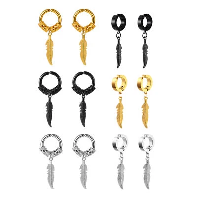 Pendientes colgantes de plumas de acero inoxidable sin perforar 2 piezas para hombres y mujeres Foto 1 de 4