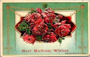Cumpleaños Rosas Doradas Cadena Swag Postal en Rebajo Heymann 1912 - Imagen 1 de 2