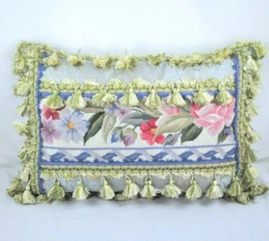 Wool Needlepoint Lumbar Pillow Cover Custom Made in Canada Roses Cushion 16x24 - Picture 1 of 12