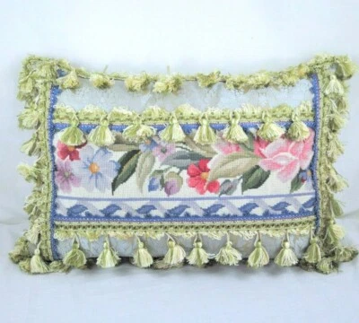 Wool Needlepoint Lumbar Pillow Cover Custom Made in Canada Roses Cushion 16x24 - Image 1 of 4