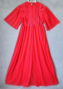 Vtg JC Penneys Short Sleeve Sheer Chiffon Peignoir Robe Pintuck Lace Chest Red S - Picture 1 of 14