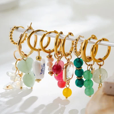 Pendientes colgantes de piedra de acero inoxidable para mujer joyas de aro de cuentas irregulares Foto 1 de 4