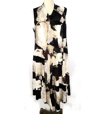 ПРОСТО VERA черный бежевый коричневый абстрактный эластичной трикотажа без рукавов оборки платье XL - Изображение 1 из 4