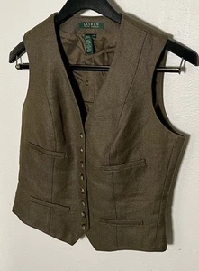 Lauren Ralph Lauren Green Brown Tweed Vest Woven 100% Linen Waistcoat Womens 4 - Picture 1 of 4