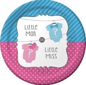GENDER REVEAL Little Man or Little Miss LARGE PAPER PLATES (8) ~ Party Supplies - Picture 1 of 1