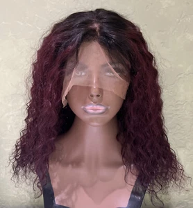 360 Lace Frontal 100% Human Hair Wig Ombre Black to Burgundy Curly 18” L - Picture 1 of 12
