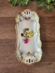 P. K. Silesia Antique 12" Bread/Celery Dish/ Tray Roses Luster Beaded Scallops - Picture 1 of 3