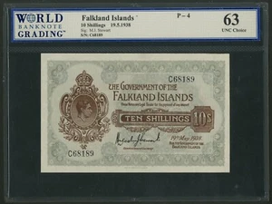 Islas Malvinas, Gobierno, 10 chelines, 19-5-1938, GBM Choice UNC 63 - Imagen 1 de 2