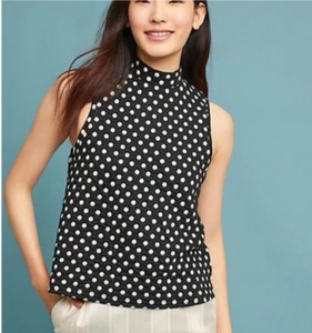 Anthropologie Postmark Polka Dot Mock Neck Sleeveless Top LARGE Black White - Picture 1 of 7