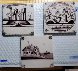 3 Antique 18th Century Delft Manganese Tiles - Picture 1 of 8