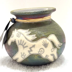 Jeremy Diller Raku Studio Art Pottery Small Vase Running Horse 5" Purple Green - Picture 1 of 9