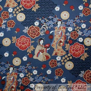 BonEful Fabric FQ Cotton Quilt Blue Red White Gold Geisha Girl Lady FLOWER Tree - Picture 1 of 9