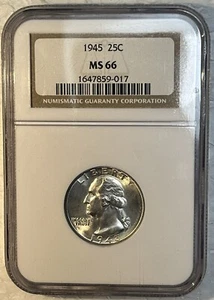 1945 Silver Washington Quarter 25 Cents NGC Certified MS 66 Coin Beautiful - Picture 1 of 10