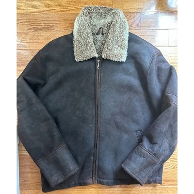 Barneys New York Men Sheepskin jacket Shearling Coat brown sz s zip lightweight  - Image 1 of 4