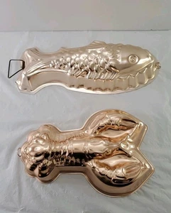 Vintage 13" Aluminum Copper Toned Fish & 10" Lobster Jello Mold For Baking - Picture 1 of 8