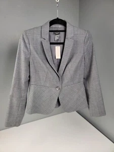 Ann Taylor Blazer Womens Size 2P Gray Button Up Suit Jacket Work 2 Petites Plaid - Picture 1 of 4