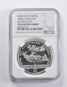 PF66 UCAM 1980 (L) USSR 10 Rubles Silver Moscow Olympics Reindeer Race NGC *4866 - Picture 1 of 3