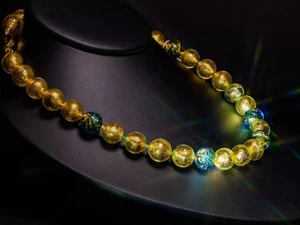 Gold and Green and 24K Gold Leaf Murano Necklace - Picture 1 of 10