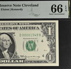 1969 $1 Federal Reserve Note - PMG 66EPQ - Birthday - Low Serial Number 00001549 - Picture 1 of 3