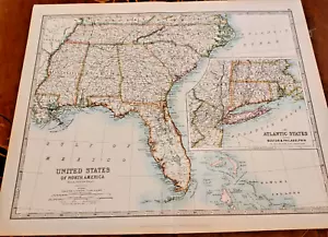 1900 Johnston Atlas Colour Map Southeast United States Atlantic New York Florida - Picture 1 of 1