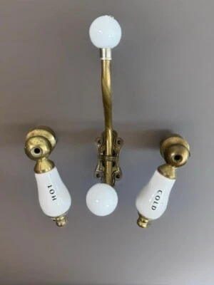 Vintage Ceramic Brass Bathroom Faucet Handled Hot Cold Wall Hanger Hook Art Deco - Image 1 of 4