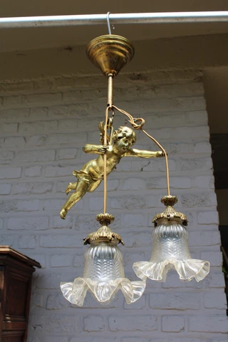 Antique French bronze putti cherub angel pendant lamp chandelier Cover