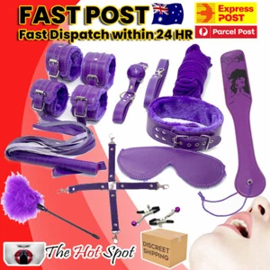 Purple BDSM Leather Bondage Kit 14 PC handcuffs cuffs collar whip Couples Set - Picture 1 of 12