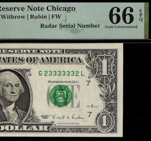 1995 $1 Federal Reserve Note PMG 66EPQ Gem Fancy Radar Serial Number 23333332 - Picture 1 of 3