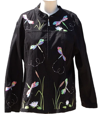 Quaker Factory Black Denim Jacket Embroidered Dragonfly XL Zip Up Mid-length - Image 1 of 4