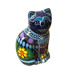 Folk Art Cat Talavera Redware Hand Painted Pottery Figure Flowers Signed SantosJ - Picture 1 of 14