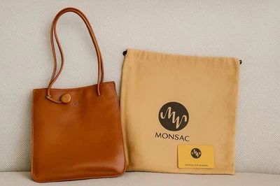 Bolso de Hombro Monsac Original Cuero Italiano Esmaltado Cuadrado Coñac Marrón Certificado de Autenticidad Foto 1 de 4
