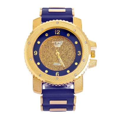 Reloj para hombre chapado en oro correa de silicona azul pesado Techno Pave WR 7758 GBL Foto 1 de 3