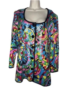 A.J. Bari Silk Sequin Geometric Jacket Blazer Black Multi Sz 12 Vintage 80s 90s - Picture 1 of 14