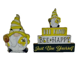 Bee Gnome Bee Kind Bee Happy Bee Yourself Farmhouse Tiered Shelf Sitter Signs - Picture 1 of 14