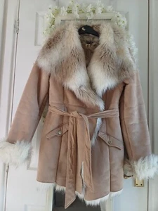 LIPSY Designer Tan Brown Suede Fur Afghan Penny Lane Style Winter Coat 8 10 - Picture 1 of 14