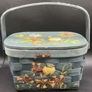 Handmade Vintage Bird  Basket Purse Decoupage Signed 1977 Lined Missing Latch - Picture 1 of 9