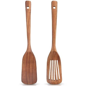 2 Pcs Acacia Wood Spatula Set Non Stick Cooking Utensils Slotted Turner Flat Woo - Picture 1 of 7