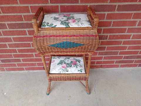Antique Two Tiered Dual Basket Sewing Table Boho Unique Sewing Baskets Table Cover