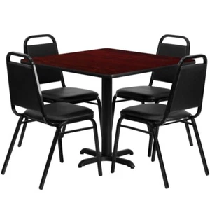 36'' Square Mahogany Laminate Restaurant Table Set with 4 Black Banquet Chairs - Picture 1 of 6