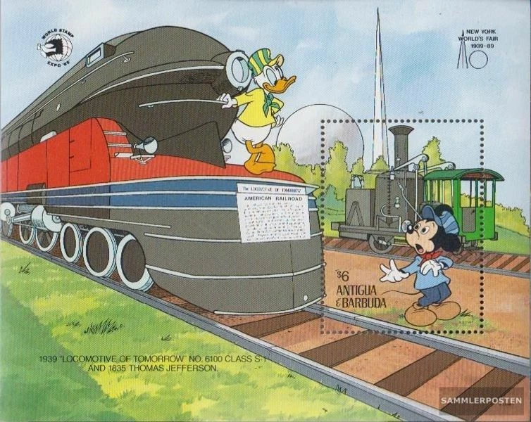 antigua and Barbuda block167 MNH 1989 Locomotives + Walt-Disney-Figures - Изображение 1 из 1