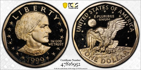 1999 P SBA $1 SUSAN B ANTHONY DOLLAR PCGS PR68DCAM w/ Gold Shield & TrueView Cover