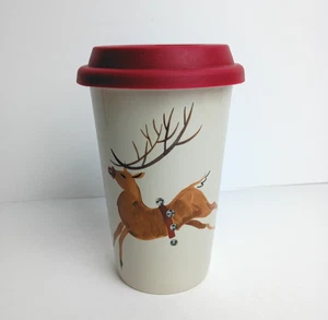 Longaberger Rentier Steinzeug 10oz. Reisebecher mit Silikondeckel Weihnachten Urlaub - Bild 1 von 12