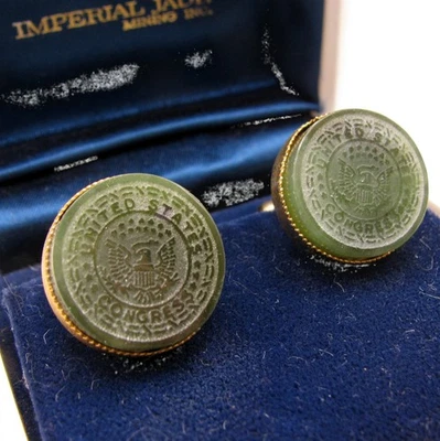 Rare Nephrite Jade United States Congress Cufflinks US Congress Seal Carved Vtg - image 1 of 4