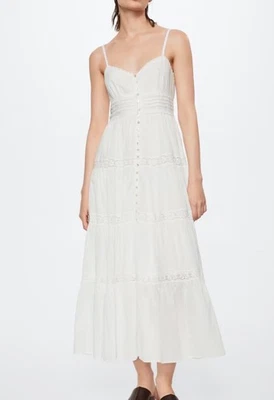 NUEVO CON ETIQUETAS MNG Maxi Vestido Mango Detalle Crochet Blanco Talla 4 Bohemio Playa Resortwear Foto 1 de 4