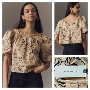 Anthropologie Maeve Puff-Sleeve Swing Blouse Brown Cat Design Large NWT $88 - Picture 1 of 7