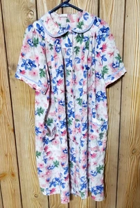 Coffee Time House Dress Women's 2XL Blue Pink Floral Pockets Duster Granny MuMu - Picture 1 of 7