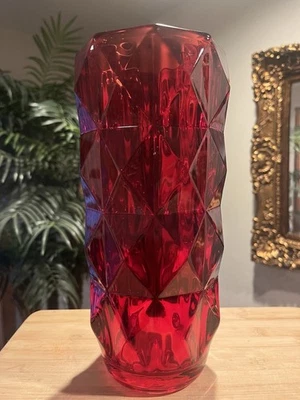 Ruby Red  Ribbed Diamond  Pattern Crystal Glass Vase Very Heavy Elegant Quality - Image 1 of 4